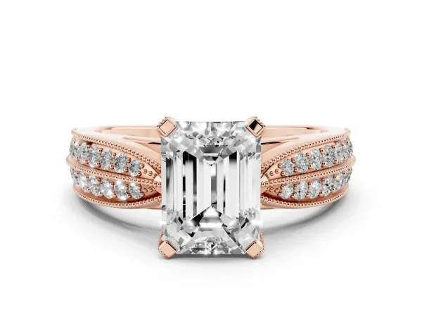 Emerald Cut Diamond Solitaire Ring with Milgrain Round Pavé Band and Prong Setting Rose gold