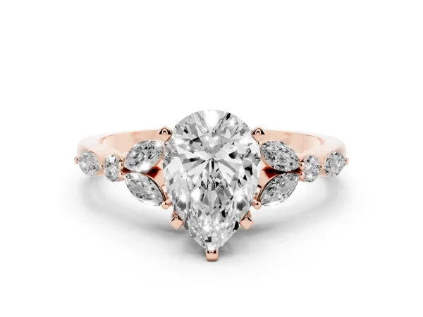 Pear Cut Diamond Solitaire Ring with Side Stones and Four-Prong Setting Rose gold