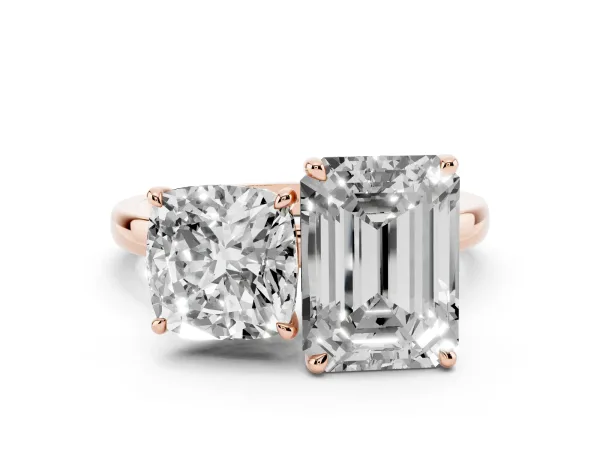 Cushion Cut and Emerald Cut Toi Moi Ring with Prong Setting Rose gold