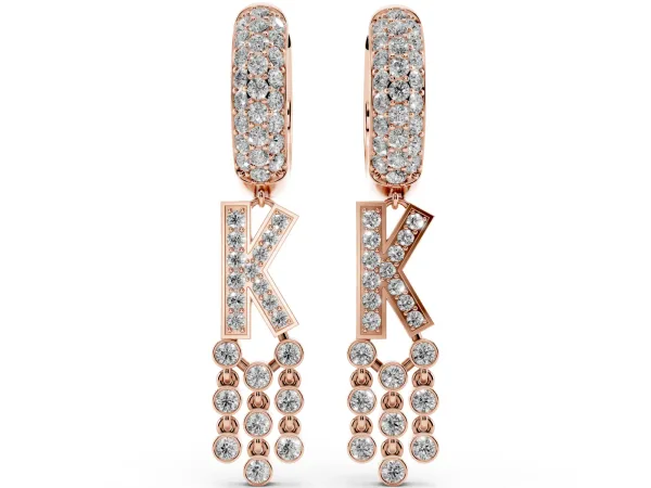 Round Diamond Initial K Huggie Hoop Earrings Rose gold