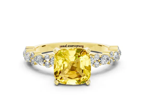 Cushion Cut Yellow Sapphire Side Stone Solitaire Ring with Round and Four-Prong Setting Yellow gold