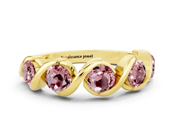 Round Morganite Wave Band with Channel Setting and Shared Prongs Yellow gold
