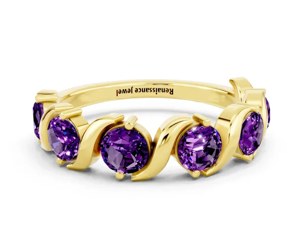 Six-Stone Round Amethyst Wave Band with Shared Prong Setting Yellow gold