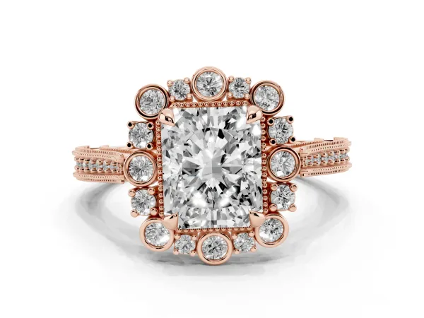 Radiant Cut Halo Milgrain Pave Diamond Ring with Four-Prong Setting Rose gold