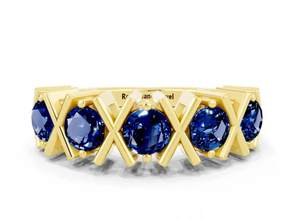Round Blue Sapphire Channel Set Band with X-Prong Detail Yellow gold