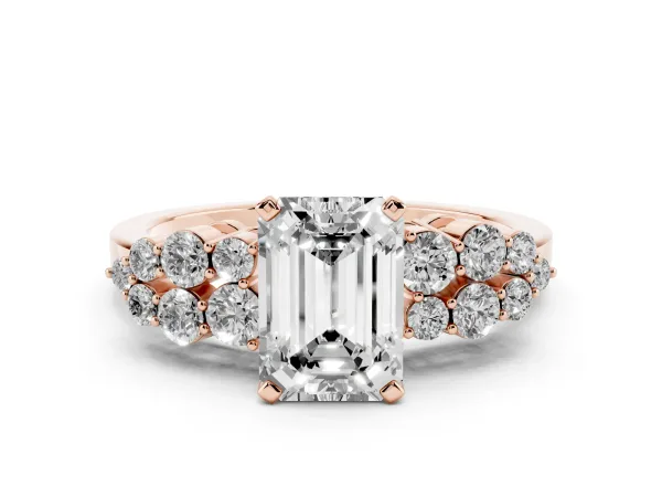 Emerald Cut Cluster Diamond Engagement Ring with Pavé Band and Four-Prong Setting Rose gold