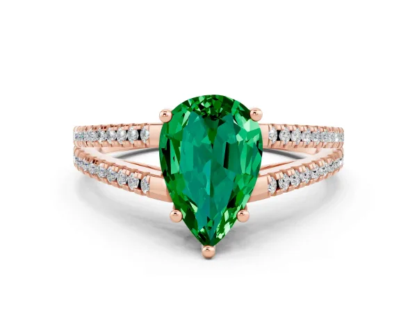 Pear Cut Emerald Solitaire Engagement Ring with Split Shank Pavé Band Rose gold