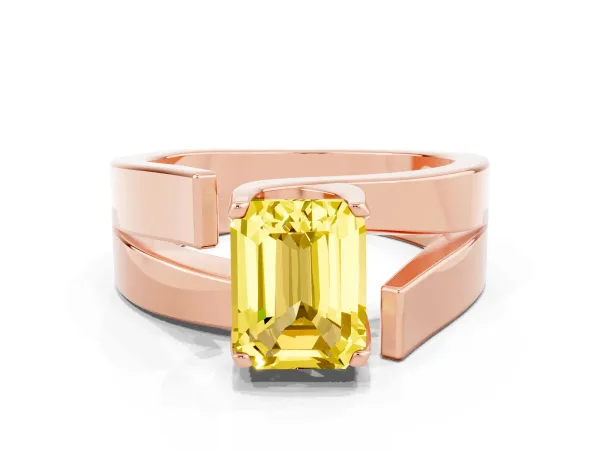 Modern Tension Set Emerald Cut Yellow Sapphire Solitaire Wide Band Ring Rose gold