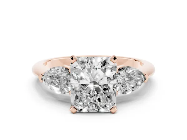 Three-Stone Radiant Cut Diamond Ring with Pear Side Stones and Four-Prong Setting Rose gold