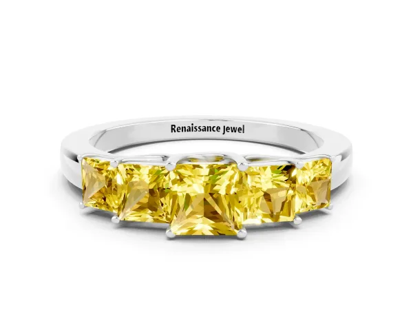 Princess Cut Five-Stone Yellow Sapphire Ring with Classic Prong Setting Platinum