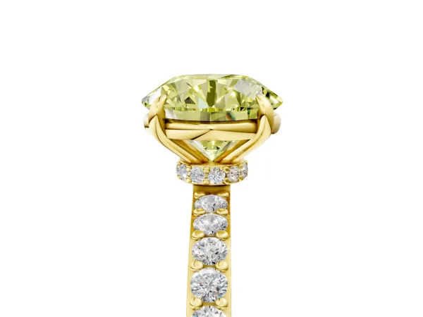 Fancy Yellow Round Cut Diamond Solitaire Engagement Ring with Pavé Band and Four-Prong Setting Yellow gold