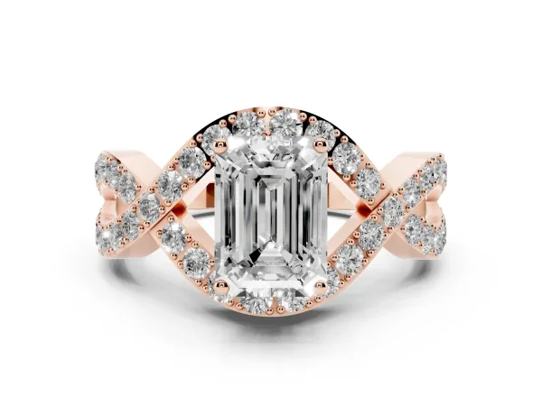 Emerald Cut Solitaire Twist Band Pavé Diamond Engagement Ring Rose gold