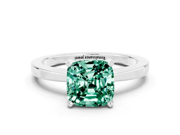Cushion Cut Green Sapphire Solitaire Engagement Ring with Classic Band and Four-Prong Setting Silver