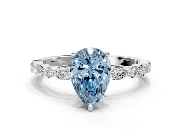Fancy Blue Pear Cut Diamond Ring with Marquise and Round Side Stones and Four-Prong Setting White gold