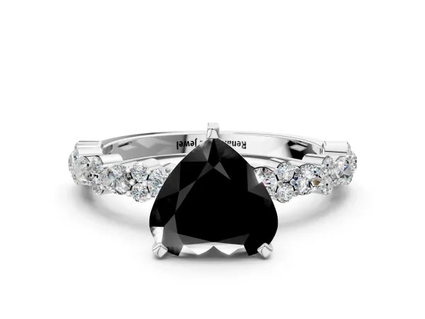 Fancy Black Heart Cut Diamond Side Stone Solitaire Ring with Round and Four-Prong Setting Platinum