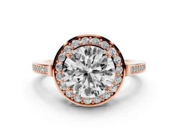Round Cut Diamond Halo Ring with Split Shank and Four-Prong Setting Rose gold