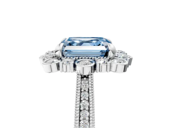 Fancy Blue Asscher Cut Halo Milgrain Pave Diamond Ring with Four-Prong Setting Platinum