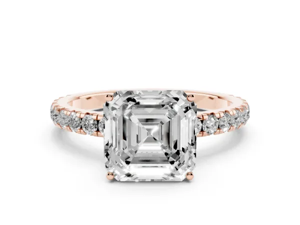Asscher Cut Diamond Pavé Solitaire Engagement Ring with Four-Prong Setting Rose gold