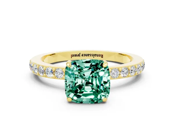 Cushion Cut Green Sapphire Solitaire Engagement Ring with Pavé Band and Four-Prong Setting Yellow gold