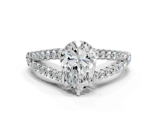 Pear Cut Diamond Split Shank Engagement Ring with Round Pavé and Prong Setting Platinum
