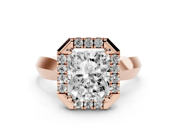 Radiant Cut Cut Halo Solitaire Engagement Ring with Square Band and Four-Prong Setting Rose gold