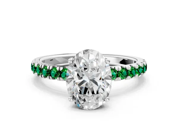 Oval Cut Diamond Pave Band Solitaire Ring with Round Emerald and Prong Setting White gold