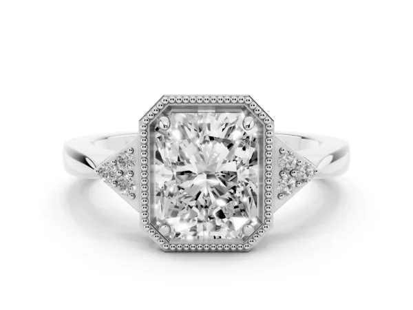 Hexagonal Halo Radiant Cut Diamond Solitaire with Pavé Band and Four-Prong Setting White gold