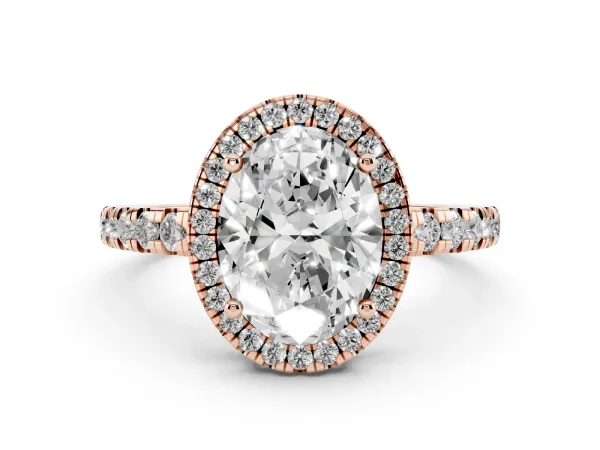 Oval Cut Diamond Halo Ring with Pavé Band and Four-Prong Setting Rose gold