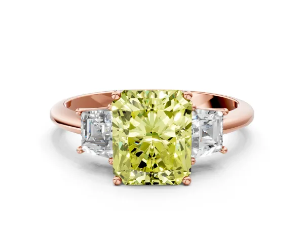 Fancy Yellow Radiant Cut Diamond Three-Stone Ring with Trapezoid Side Stones and Prong Setting Rose gold