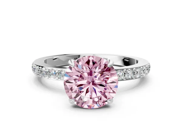 Fancy Pink Round Cut Diamond Solitaire Engagement Ring with Pavé Band and Four-Prong Setting Platinum