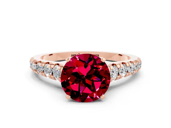 Round Cut Garnet Cathedral Solitaire Ring with Round Pavé Band Rose gold
