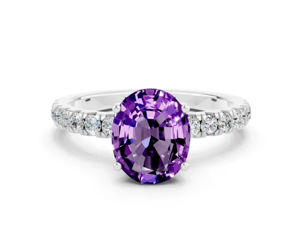 Oval Cut Amethyst Pave Band Solitaire Ring with Round and Prong Setting White gold
