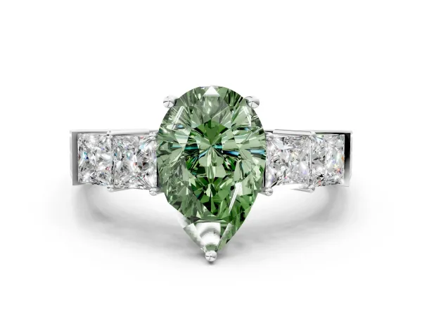 Fancy Green Pear Cut Solitaire Princess Side Stone Engraved Band Prong Setting Ring Platinum