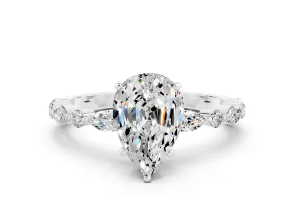 Pear Cut Moissanite Ring with Marquise and Round Side Stones and Four-Prong Setting White gold