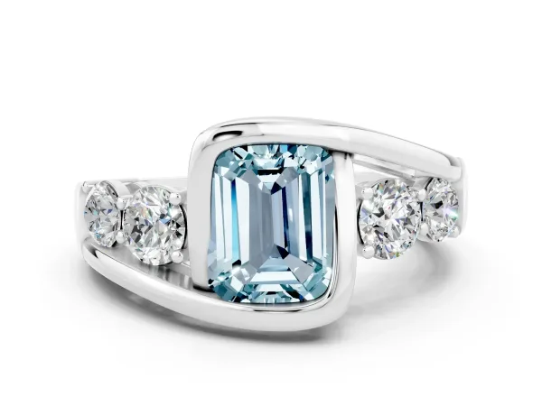 Bezel Set Emerald Cut Aquamarine Bypass Ring with Round Accents Platinum