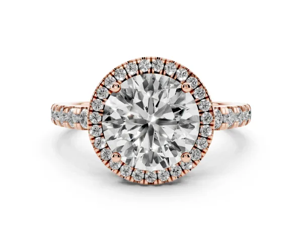 Round Cut Diamond Halo Ring with Pavé Band and Four-Prong Setting Rose gold