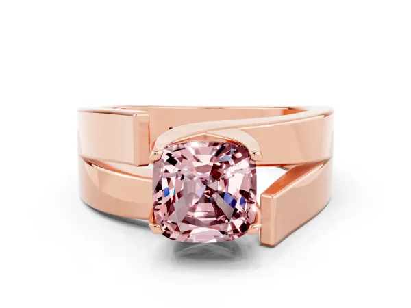 Modern Tension Set Cushion Cut Morganite Solitaire Wide Band Ring Rose gold