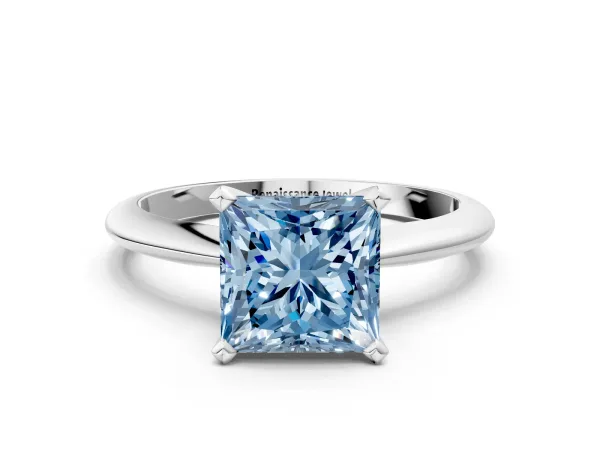 Fancy Blue Princess Cut Diamond Solitaire Engagement Ring with Classic Band and Four-Prong Setting Silver