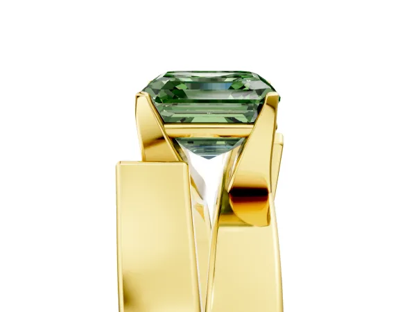 Fancy Green Modern Tension Set Asscher Cut Diamond Solitaire Wide Band Ring Yellow gold