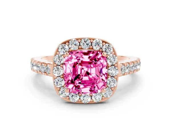 Cushion Cut Pink Sapphire Halo Ring with Round Pavé Split Shank and Prong Setting Rose gold