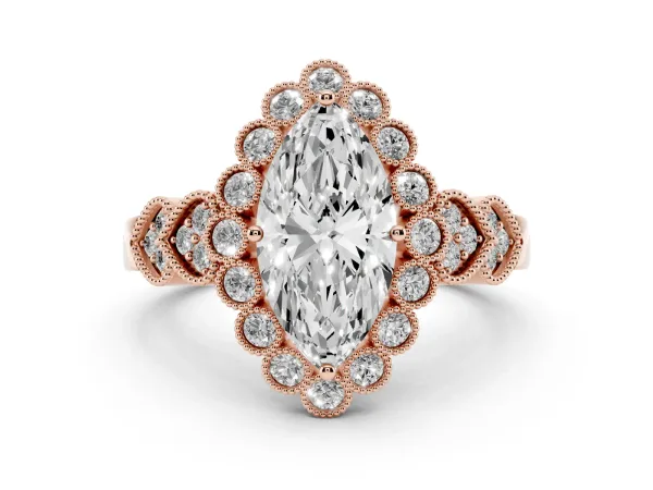Marquise Cut Brilliant Milgrain Pave Heart Band Solitaire Ring Rose gold