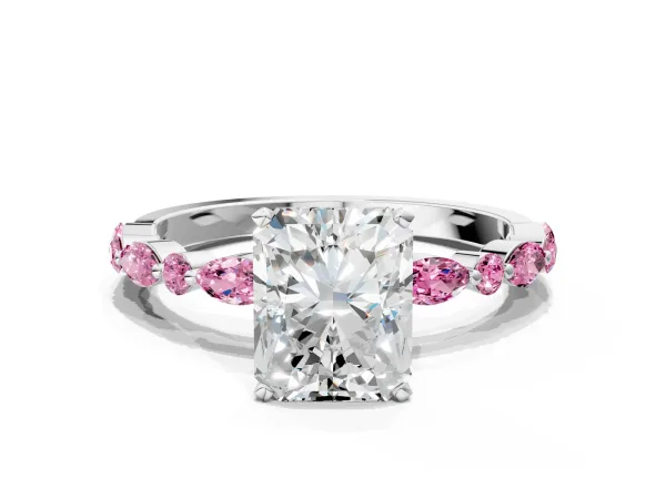 Radiant Cut Diamond Ring with Marquise and Round Pink Sapphire Side Stones and Four-Prong Setting Platinum