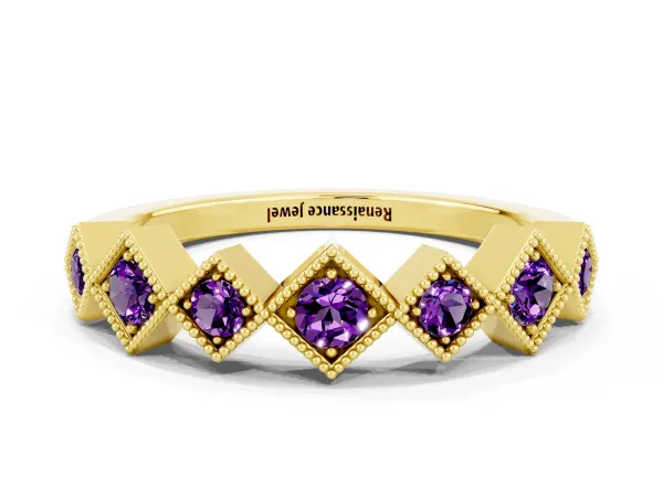 Milgrain Square Bezel Round Amethyst Chevron Band Yellow gold