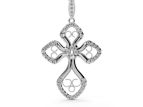 Diamond Pavé Round Milgrain Cross Pendant White gold