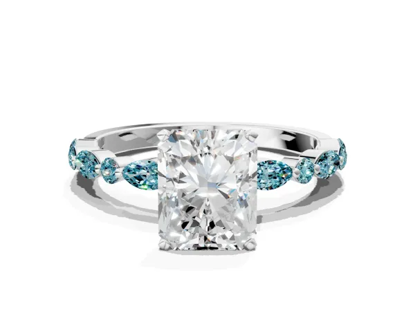 Radiant Cut Diamond Ring with Marquise and Round Blue Topaz Side Stones and Four-Prong Setting Platinum