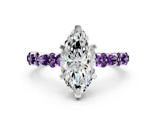 Marquise Cut Diamond Side Stone Solitaire Ring with Round Amethyst and Four-Prong Setting White gold
