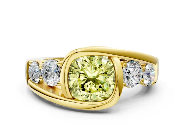 Fancy Yellow Bezel Set Cushion Cut Diamond Bypass Ring with Round Accents Yellow gold