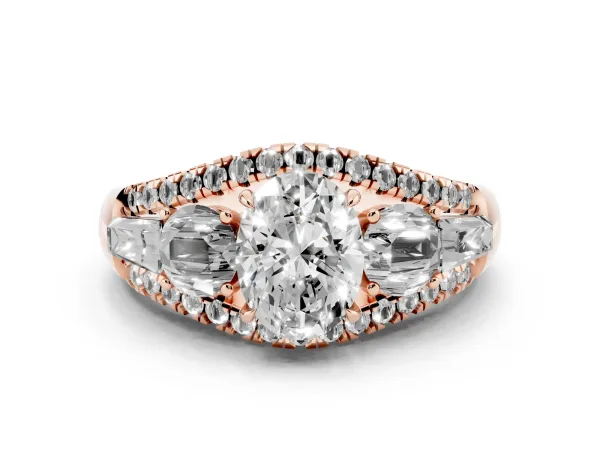 Three-Stone Oval Cut Diamond Engagement Ring with Pave Band and Prong Setting Rose gold