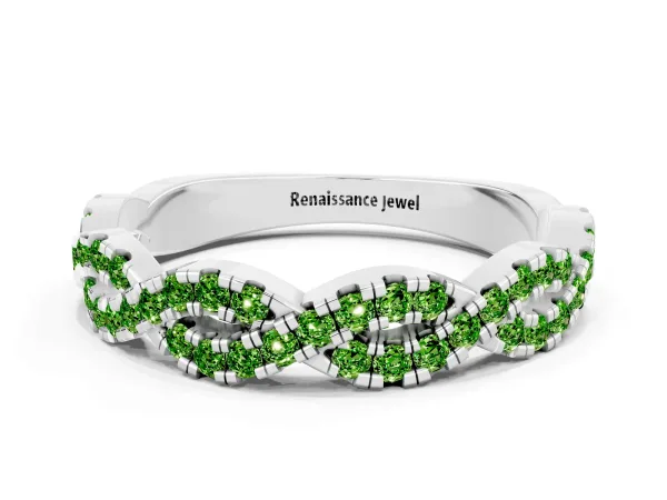 Round Peridot Twisted Eternity Band with Pavé and Shared Prong Setting Platinum