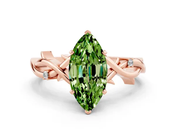 Marquise Cut Peridot Solitaire Ring with Milgrain Pavé Band and Four-Prong Setting Rose gold